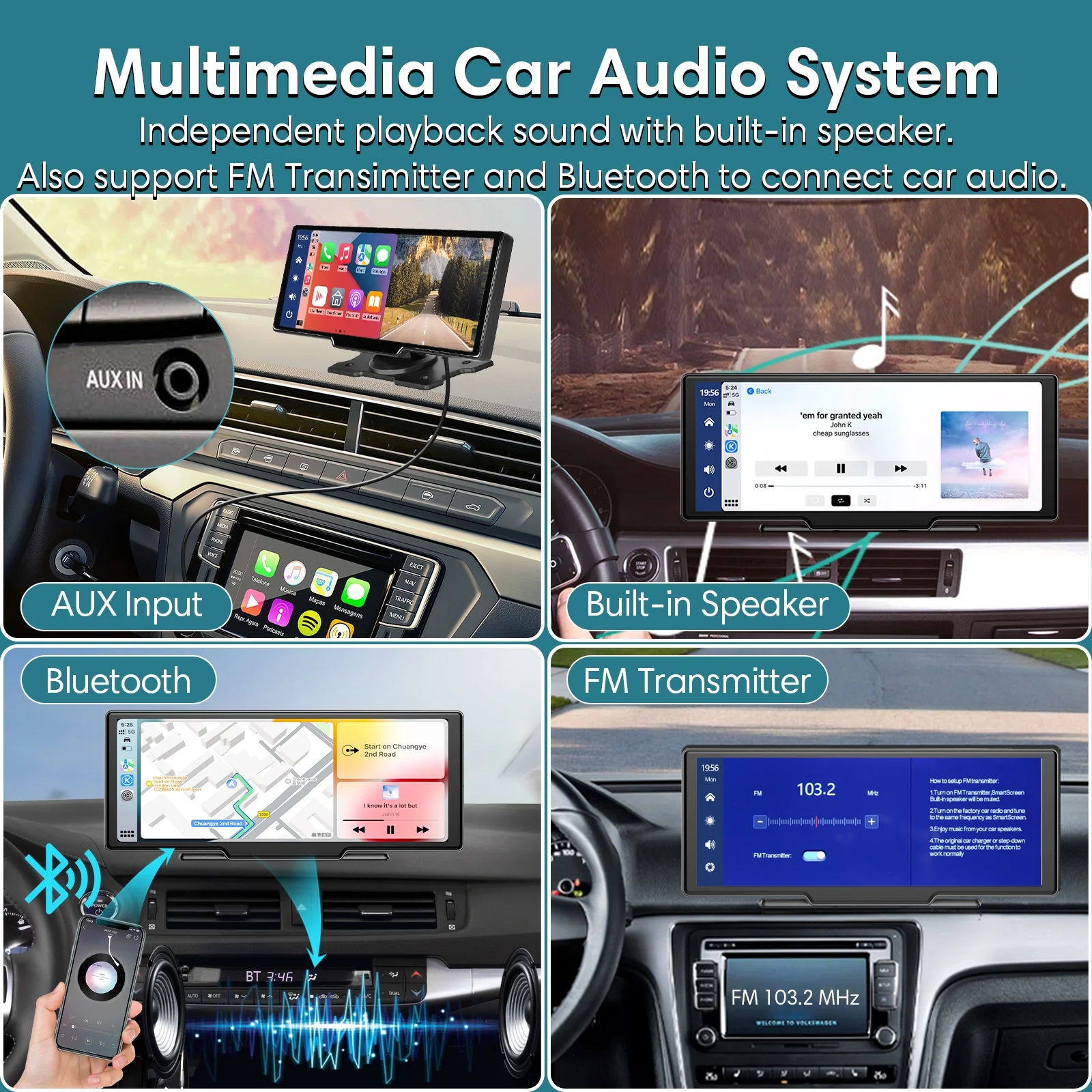 Wireless Carplay Screen for Car, 2.5K Dash Cam, 64G SD Card, Backup Camera, Bluetooth, GPS Navigation, Android Auto, 9.3" Portable Car Stereo