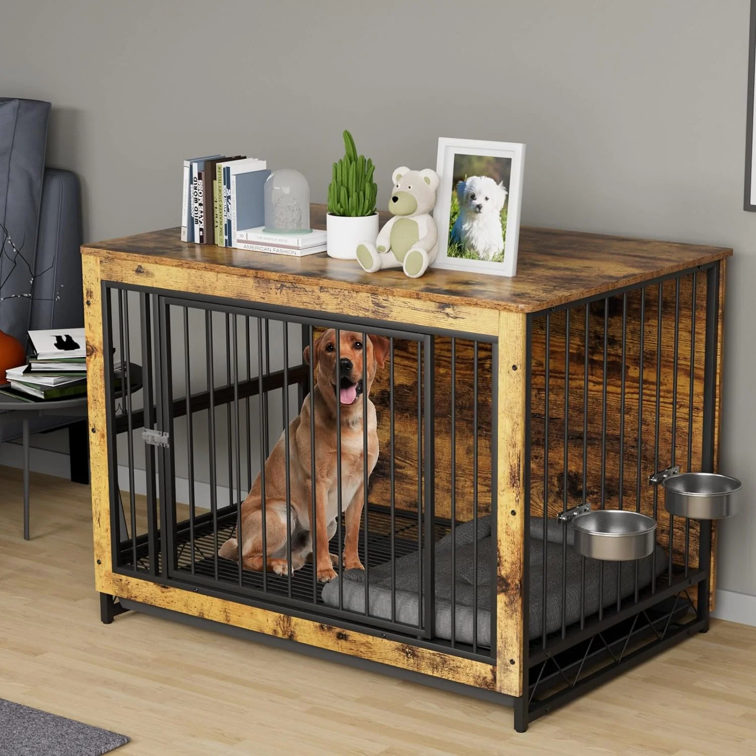 Arlopu 44.1'' Furniture Style Large Dog Crate with 2 Stainless Steel Bowls, Wooden Dog Cage End Table Dog House Heavy Duty Indoor Kennel for Small