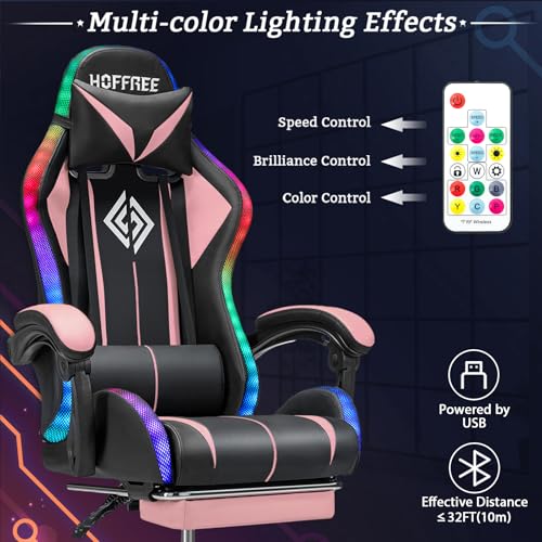 HOFFREE RGB Gaming Chair with Speakers Massage Computer Gaming Chair with LED Lights and Footrest High Back Video Game Chair for Adults Blue and Black