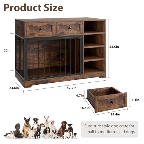 IDEALHOUSE 47” Large Dog Crate, Dog Kennel Indoor with 2 Drawers and 4 Shelves, Dog Crate Furniture TV Stand, Wooden Dog Cage for Medium Large Dogs