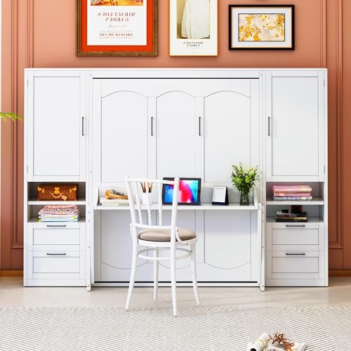 Queen Size Murphy Bed Wall Bed with Desk and Closet,Drawers and Shelves,for Small Spaces Studio Study Office Guest Room Use (Gray#Desk, Queen)
