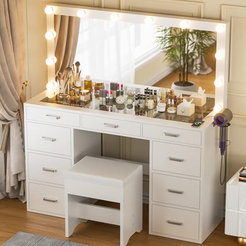 White Vanity Desk Set with Mirror and Lights, 47" Glass Top Vanity with 9 Drawers & Power Outlet