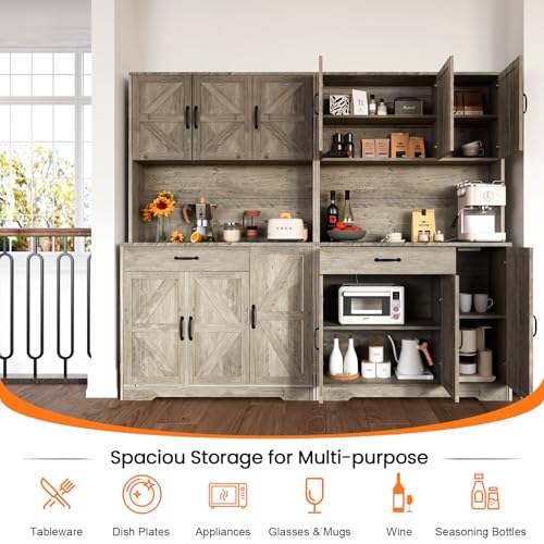 72" Tall Storage Cabinet, Kitchen Pantry Cabinet with Adjustable Shelves & Sturdy Steel Frame, Farmhouse Pantry Storage with 4 Barn Doors for Kitchen