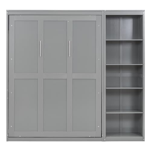 Harper & Bright Designs Full Size Murphy Bed Wall Bed with Storage Shelves, Drawers and LED Lights