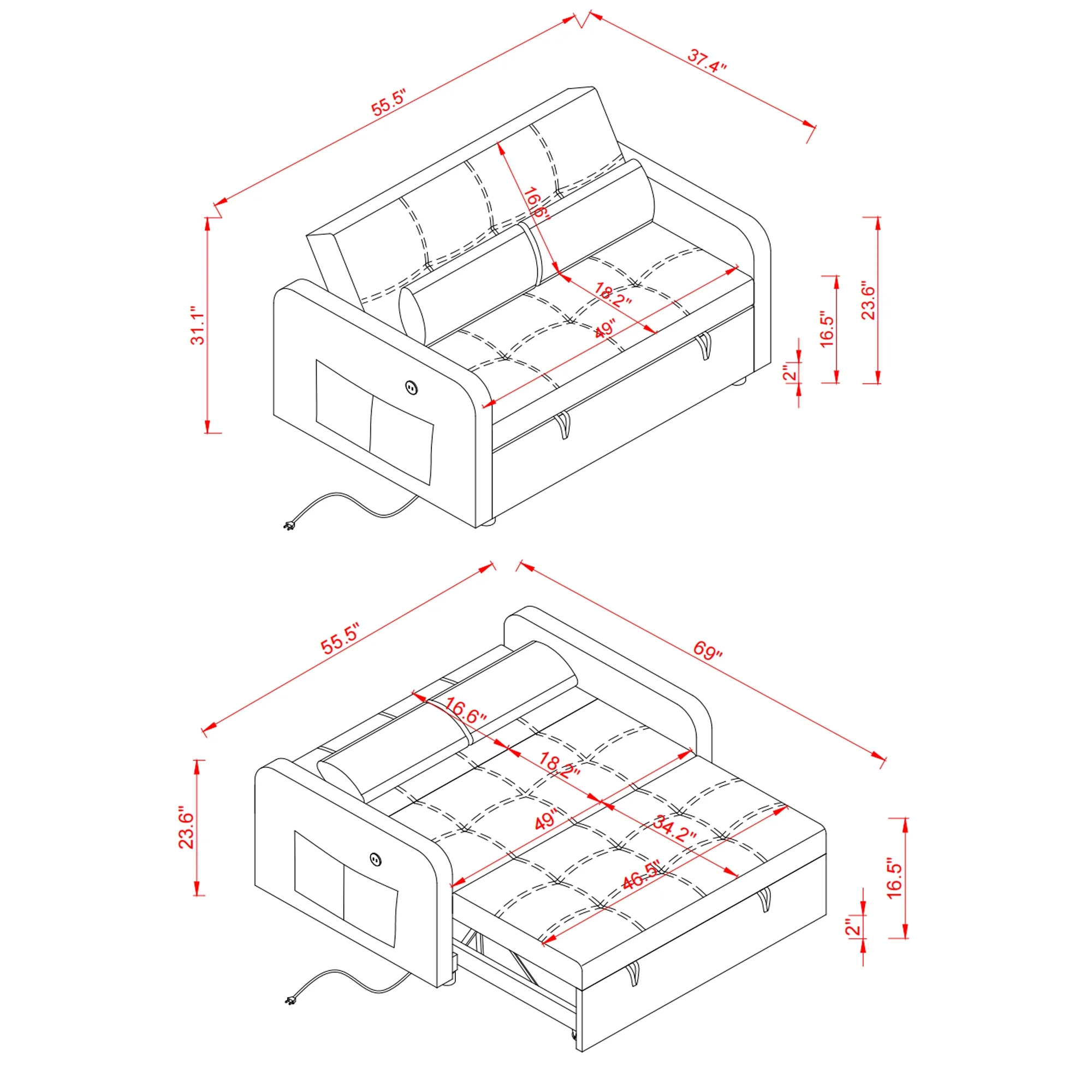 Modern Velvet Pull Out Convertible Sofa Bed, Folding Sleeper Couch Loveseat with Pillows and USB Port for Living Room Bedroom
