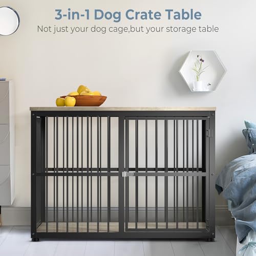 43'' Dog Crate Furniture with 3 Doors, XL Wooden Crate End Table Heavy Duty Indoor Puppy Cage for Medium to Large Dogs, Multiple Units Can be Combined