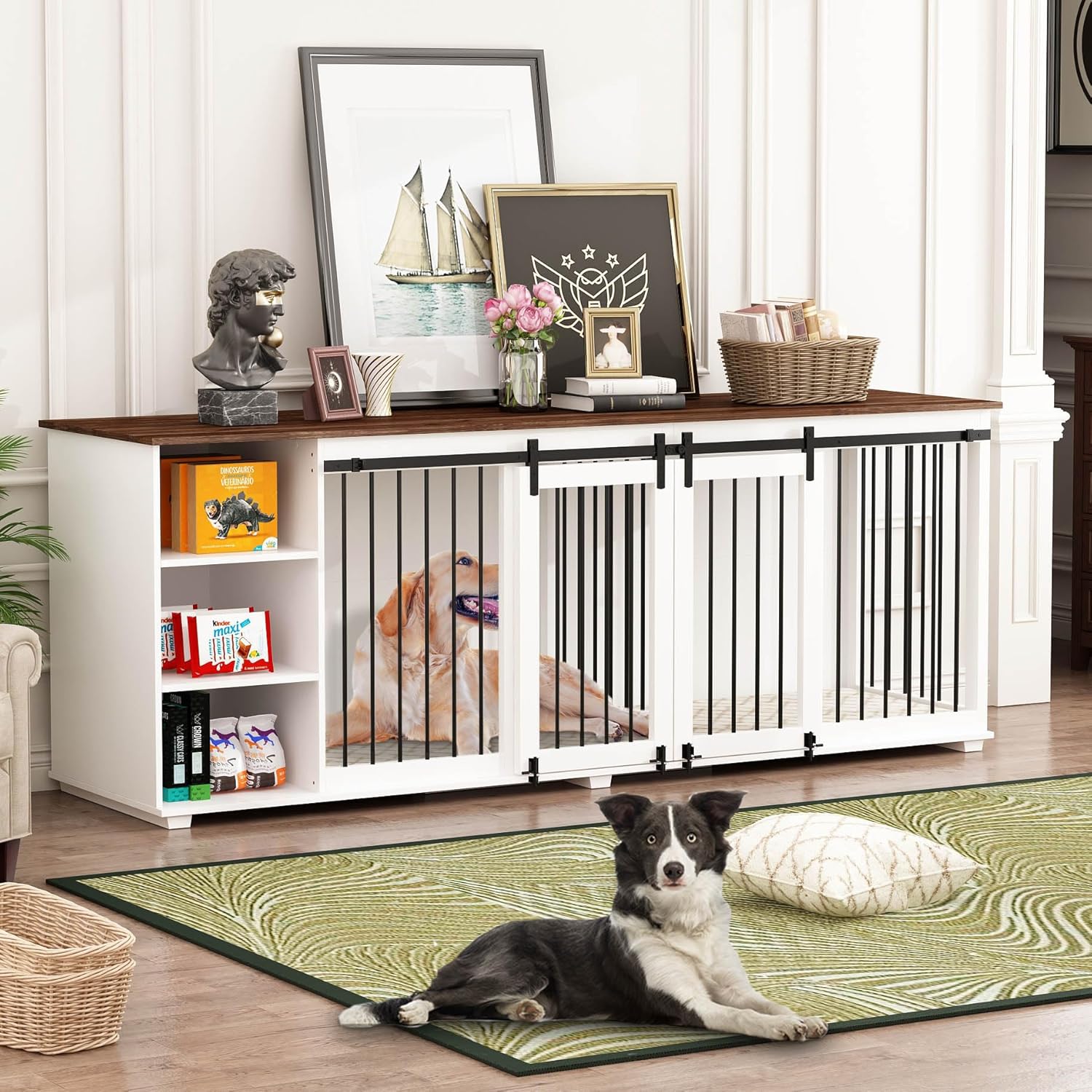Large Dog Crate Furniture, 86.6" Wooden Dog Kennel for 2 Dogs with Shelves,Divider & Slidding Door