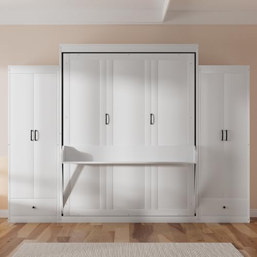 Queen Size Murphy Bed with Desk & Charging Station,Wall Bed Frame Folding into Cabinet Design w/LED & Storage Shelf for Small Space,Bedroom