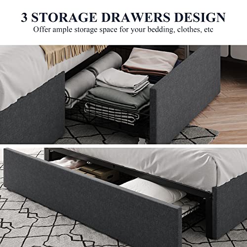 Allewie Queen Size Platform Bed Frame with 3 Storage Drawers, Fabric Upholstered, Wooden Slats Support, No Box Spring Needed, Noise Free