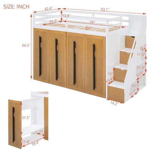 Wooden Twin Size Loft Bed with Two-Tone Stairs Storage