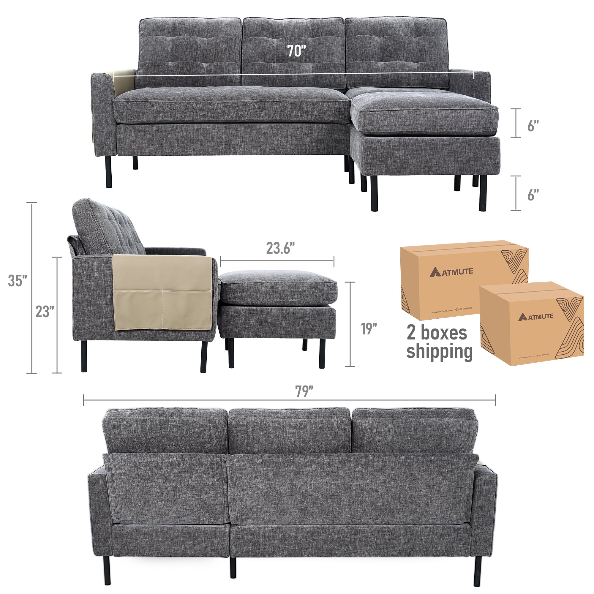 Sectional Sofa Couch Converible - L Shaped Sofa Adult Size with Grey Chenille fabric