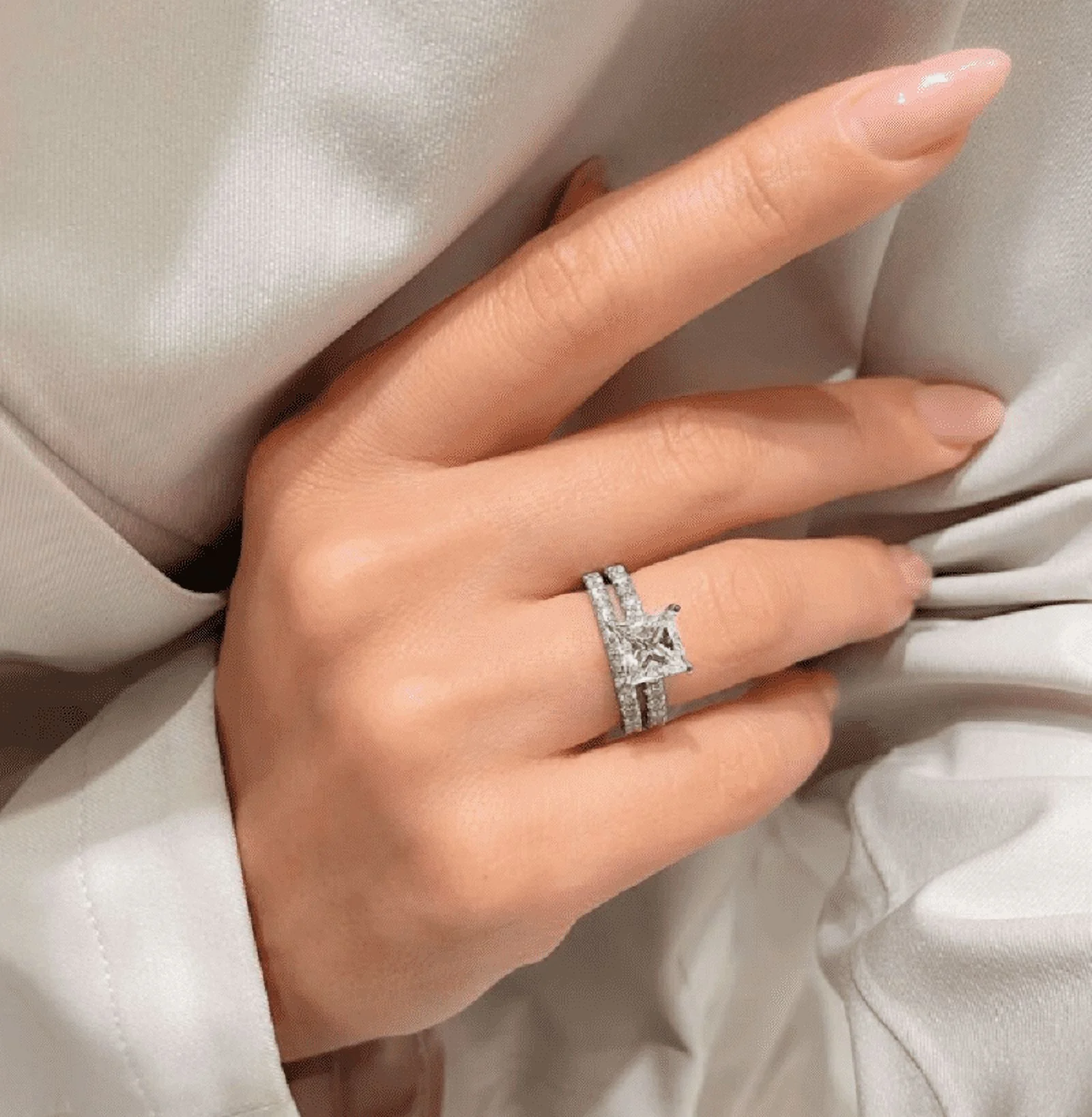 Forever Jewels 2.19Ct Princess Cut Moissanite Women Bridal Engagement Ring Set 14K White Gold Plated