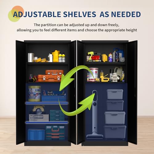 Storage Metal Cabinet 71" with Doors and 4 Shelves Adjustable 4 Adjustable Feet and Lock Tall Storage Cabinet for Pantry Garage Craft Bedroom Office