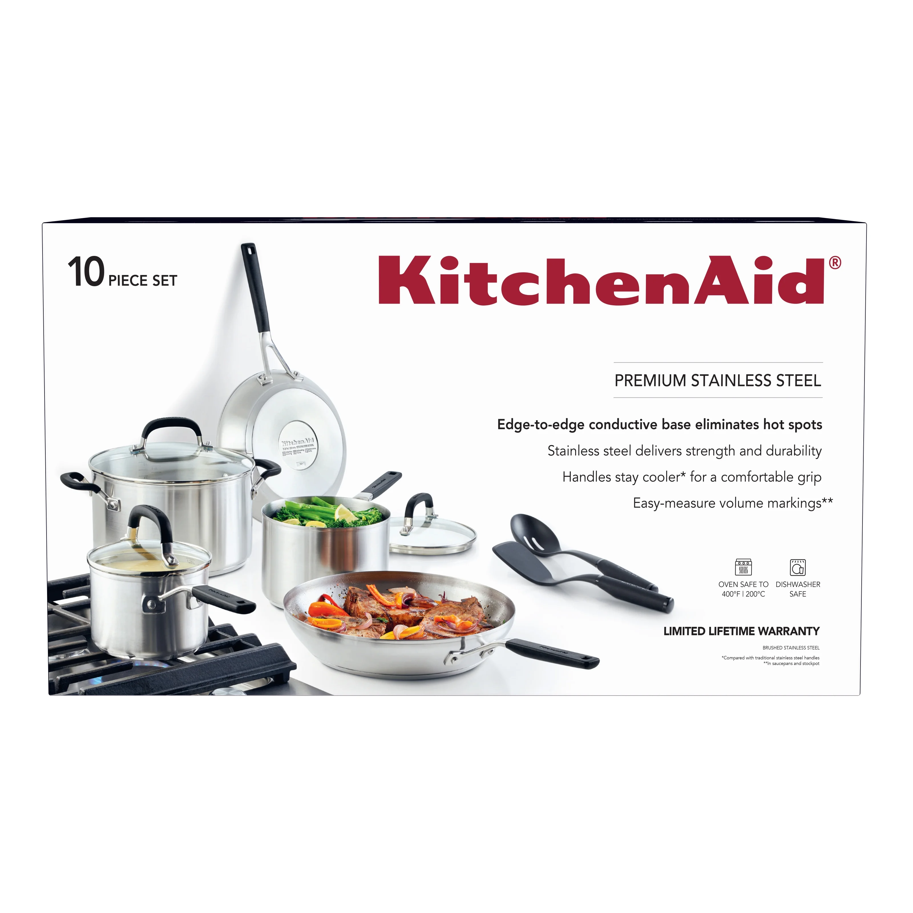 KitchenAid Stainless Steel 10 Piece Pots and Pans Set, Brushed Stainless Steel