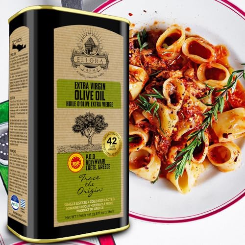 Ellora Farms, Single Estate PDO Greek Extra Virgin Olive Oil, Cold Pressed & Traceable Olive Oil, Kosher, 1 Lt Tin (33.8 oz.), Pack of 4
