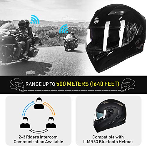ILM Bluetooth Motorcycle Helmet Modular Flip up Full Face Dual Visor Mp3 Intercom FM Radio DOT Model 902BT(Matte Black, Large)