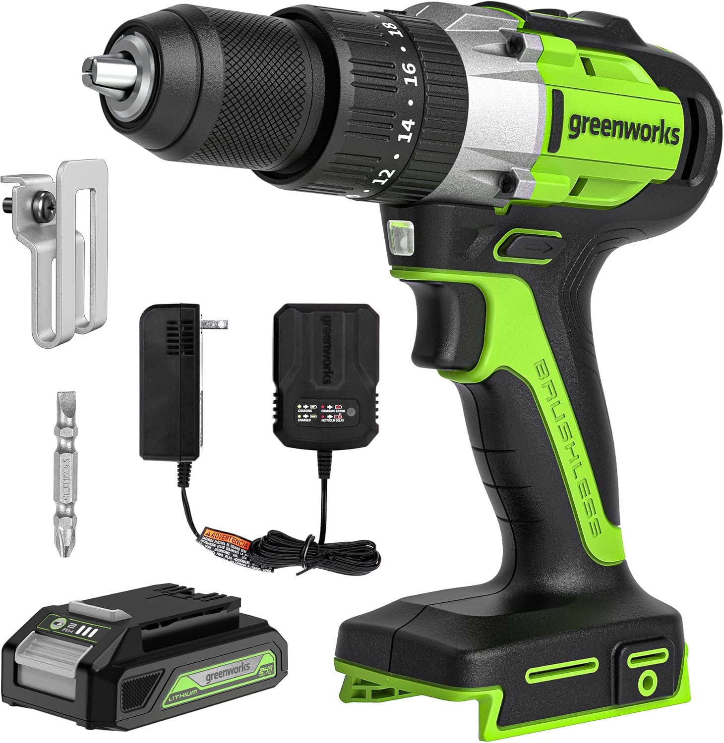 GreenWorks DDG402 Powertools Brushless Cordless Hammer Drill, Green