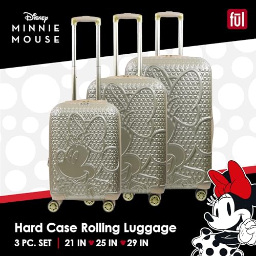 FUL Disney Minnie Mouse 25 Inch Rolling Luggage, Textured Hardshell Suitcase with Wheels, Rose Gold