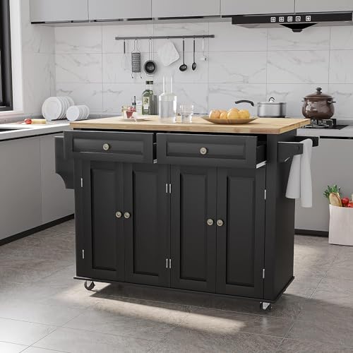 Kitchen Cart with Wood Top and Drop Leaf Breakfast Bar, Rolling Mobile Kitchen Island Table on Wheels with Drawer and Storage Cabinet, Spice Rack