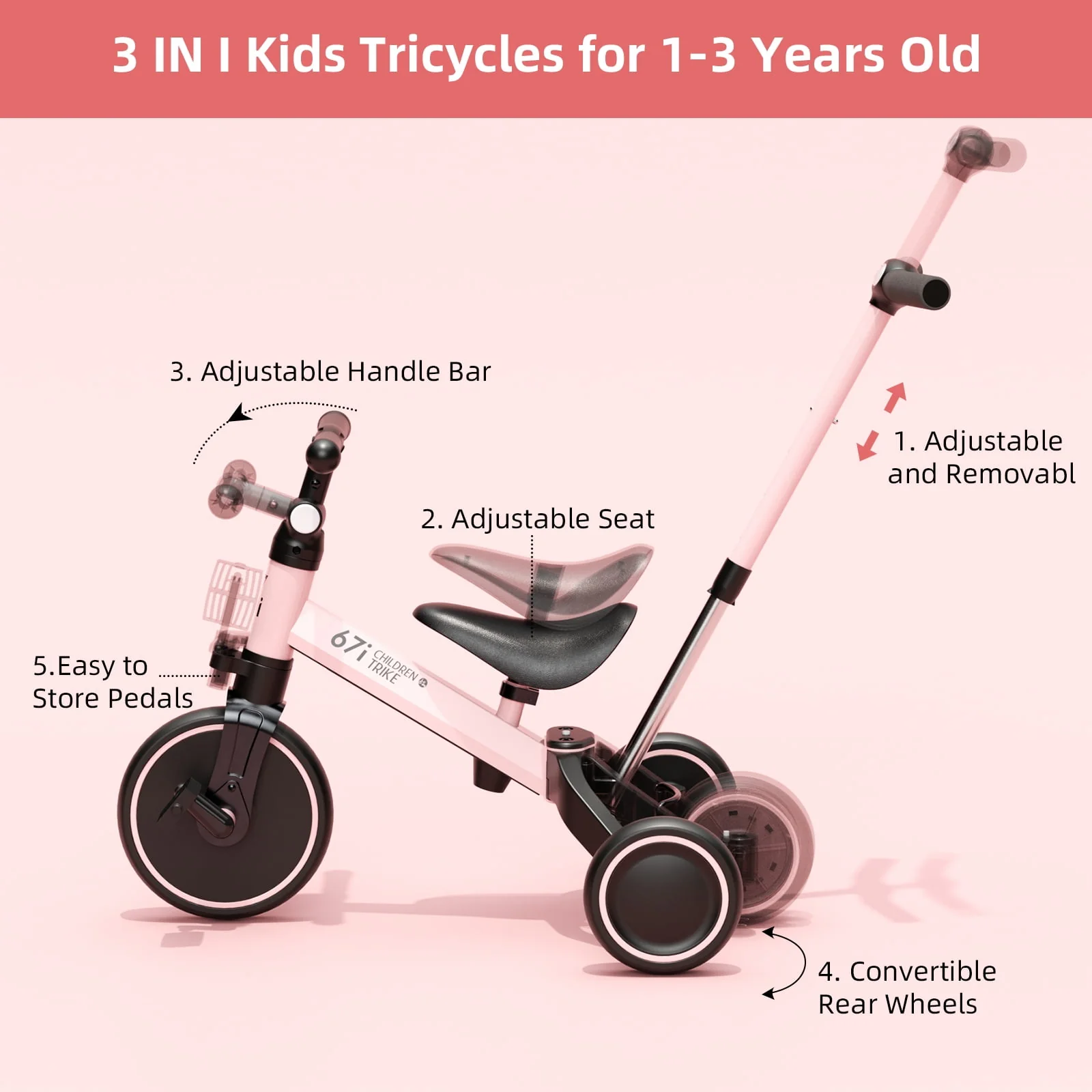 KORIMEFA Toddler Bike with Push Handle,Tricycles for 1 to 3 Years Old, Toddler Tricycle with Push Handle for Boy Girl, Baby Bike Balance Bike
