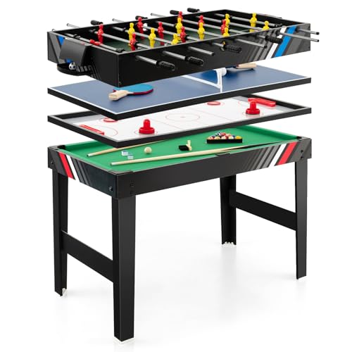 GYMAX 4 in 1 Multi Game Table, 49" Combo Game Table with Foosball Table, Pool Billiards, Air Hockey & Table Tennis for Kids Adults Family Game Room