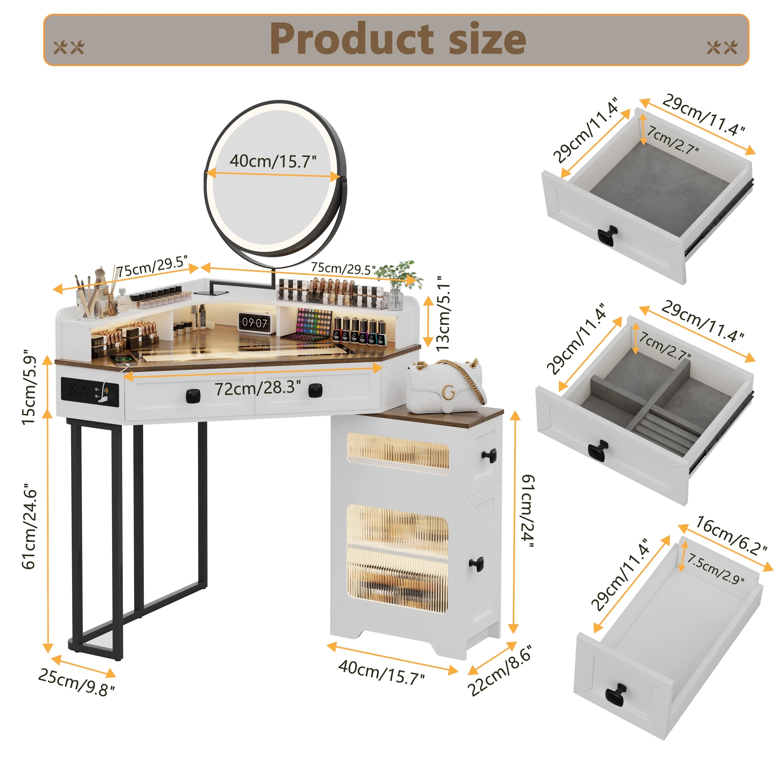 Corner Vanity Desk with Mirror and Lights, Modern Glass Top Makeup Vanity Set with Charging Station for Bedroom/Cloakroom (No Stool)