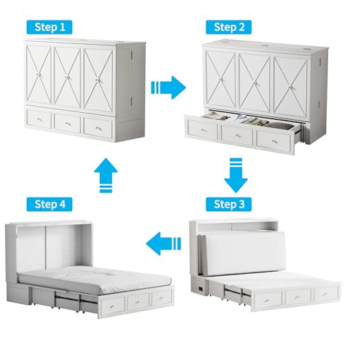 Mjkone Murphy Bed Cabinet with Tri-Folding Mattress, USB Charging Station & Storage Drawers, Multi-Purpose Guest Room Wall Bed