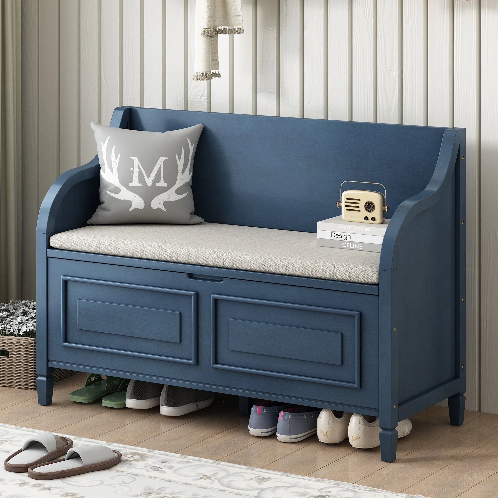 Atumon Storage Bench, Clamshell Entryway Bench, Shoe Bench with Hidden Storage, Wood Storage Cabinet with Removable Cushions and Backrest