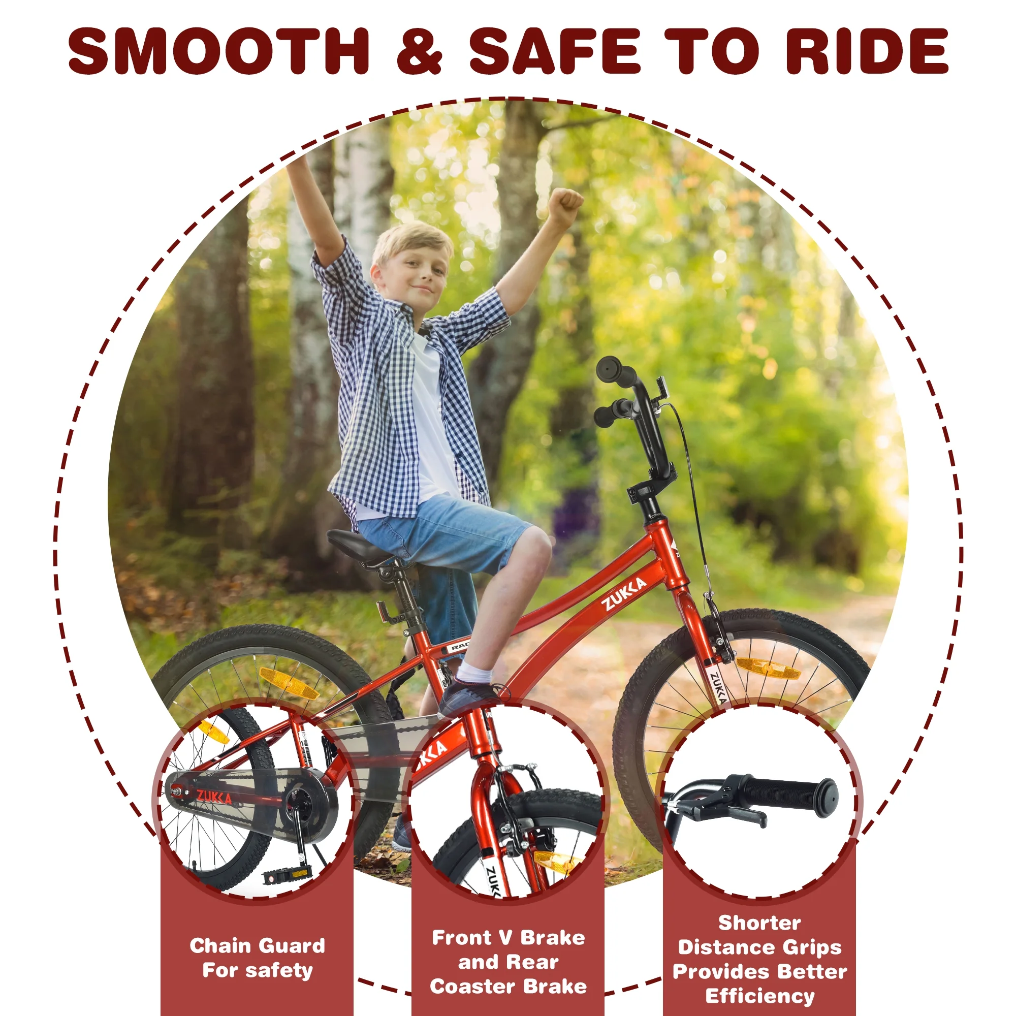 20 Inch Boys Bike, Kids' Bicycles for Kids Ages 7 - 10, Single Speed Boys Bikes with Steel Frame, Adjustable Seat Height, Red