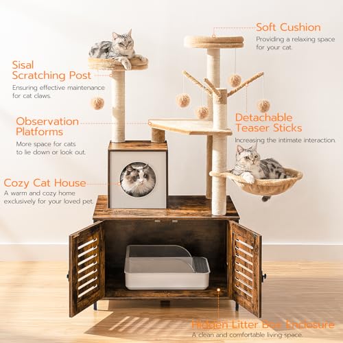 HOOBRO Cat Tree with Litter Box Enclosure, 27.6" L x 18.9" W x 52" H, All-in-One Wooden Cat Tower, Cat Furniture for Indoor Cats