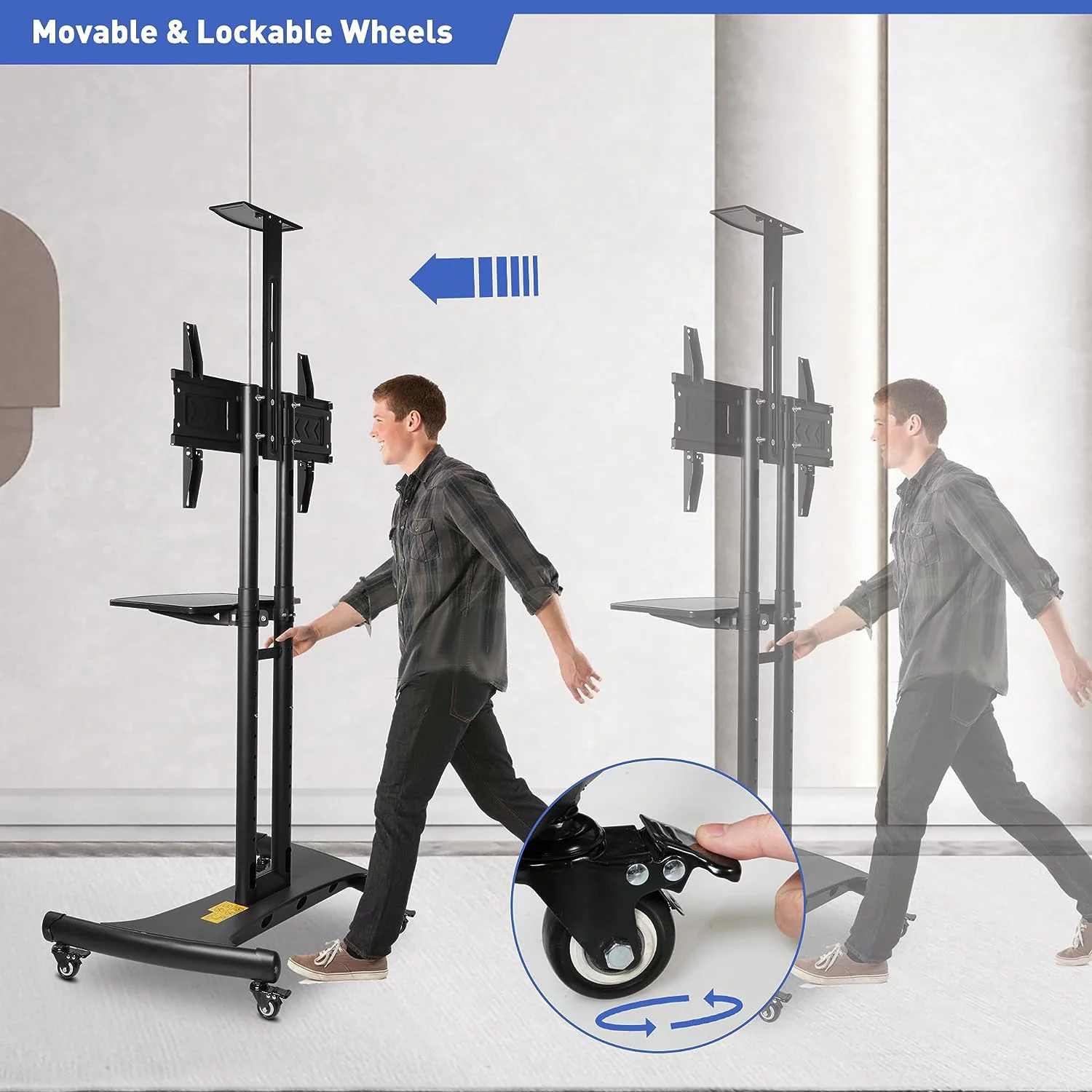 Mobile TV Cart TV Stand with Wheels for 32 to 70 inch Screens up to 99 lbs, Height Adjustable Rolling TV Cart with Camera