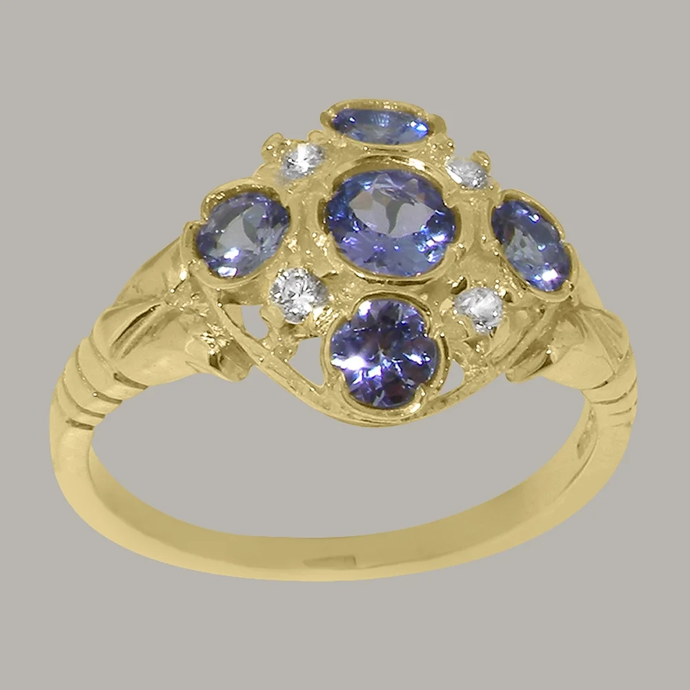 LBG British Made 9k Yellow Gold Natural Tanzanite & Diamond Womens Statement Ring - 33 size options - Size 10
