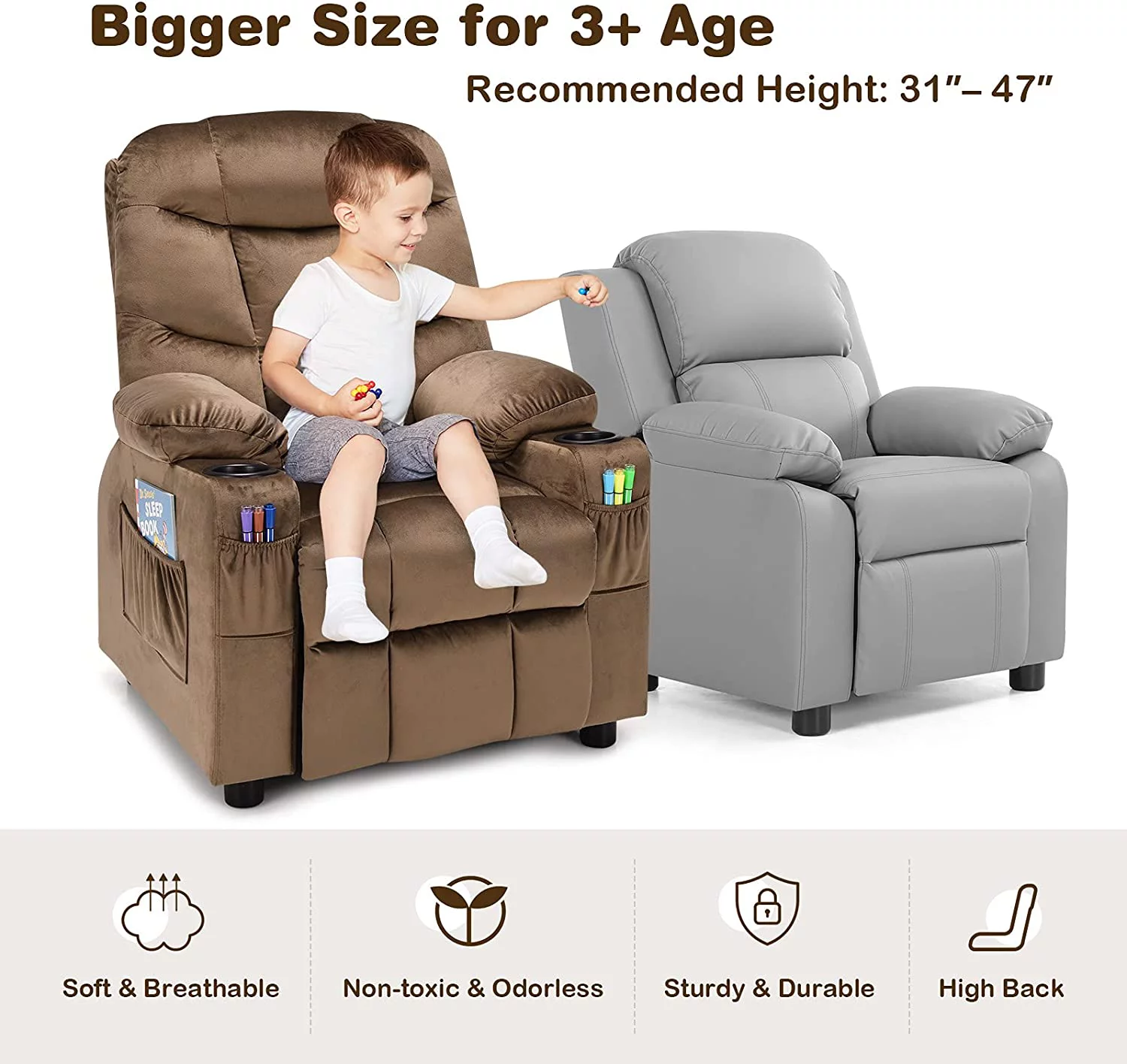 Kids Recliner Chair with Cup Holder  Adjustable Velvet Lounge Chair w/Footrest