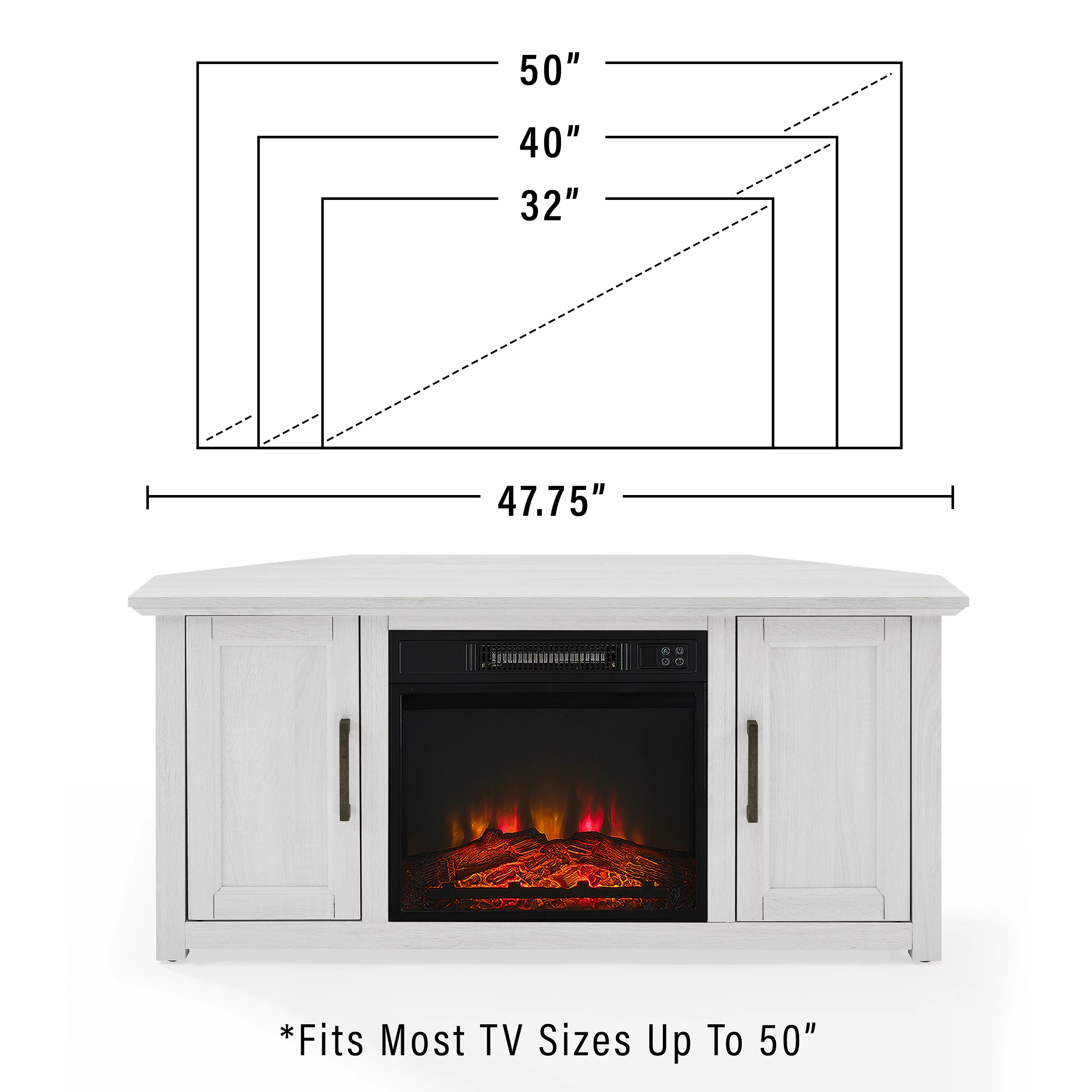 Crosley Furniture Camden 48"Wood Corner TV Stand with Fireplace in Whitewash