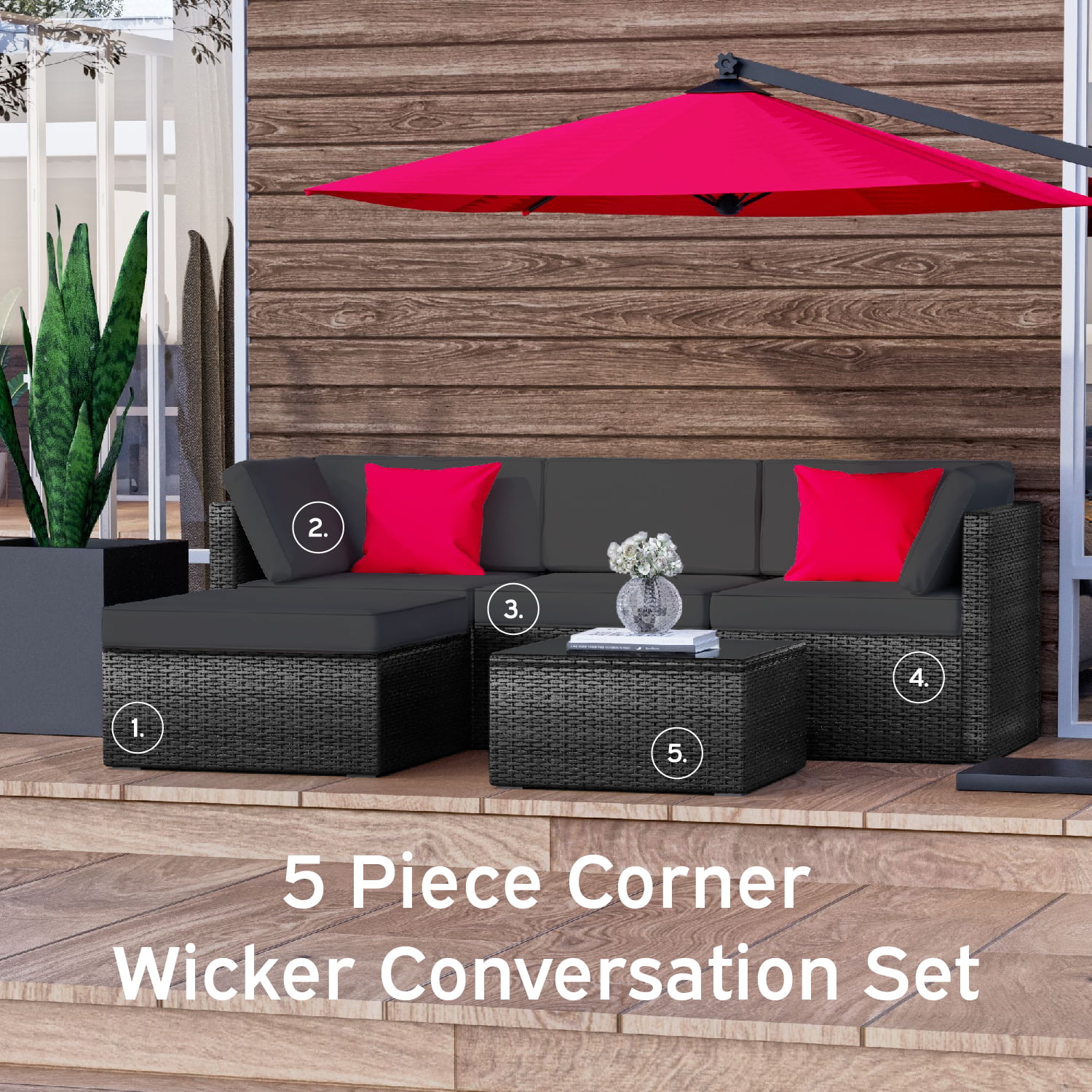 Hearth & Harbor 5-Piece Outdoor Patio Furniture Set, Wicker Patio Sectional Conversation Set, Black/Gray