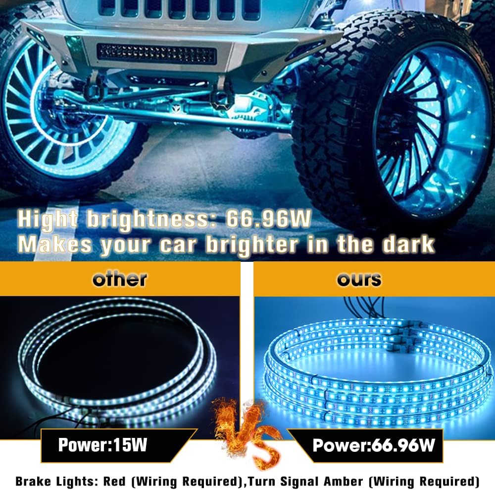 RGB Wheel Ring Lights 17'' Tire Lights Double Row Neon Rim Light with W/Turn Signal & Braking Function Can Controlled By Bluetooth Sync to Music