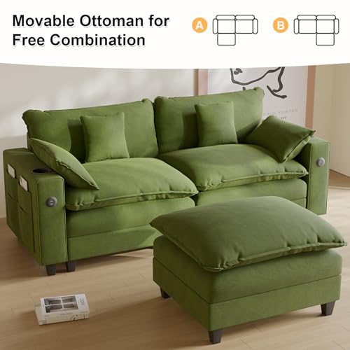 Modular Sectional Sofa, Cloud Couch with Ottoman, Charging Station, Throw Pillows, Cup Holders, Modern Convertible U Shaped Couches for Living Room