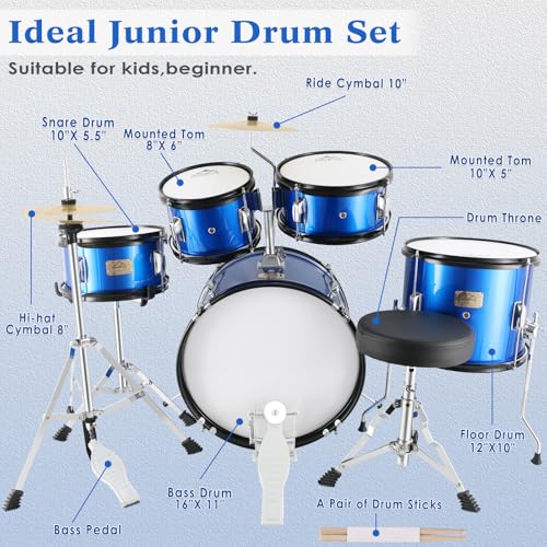 EASTROCK Kids Drum Set, 5-Piece 16 Inches Junior Drum Sets for Kids, Drummer, Beginner Youth Drumset for 7-12 Years Old with Throne,Cymbal,Pedal