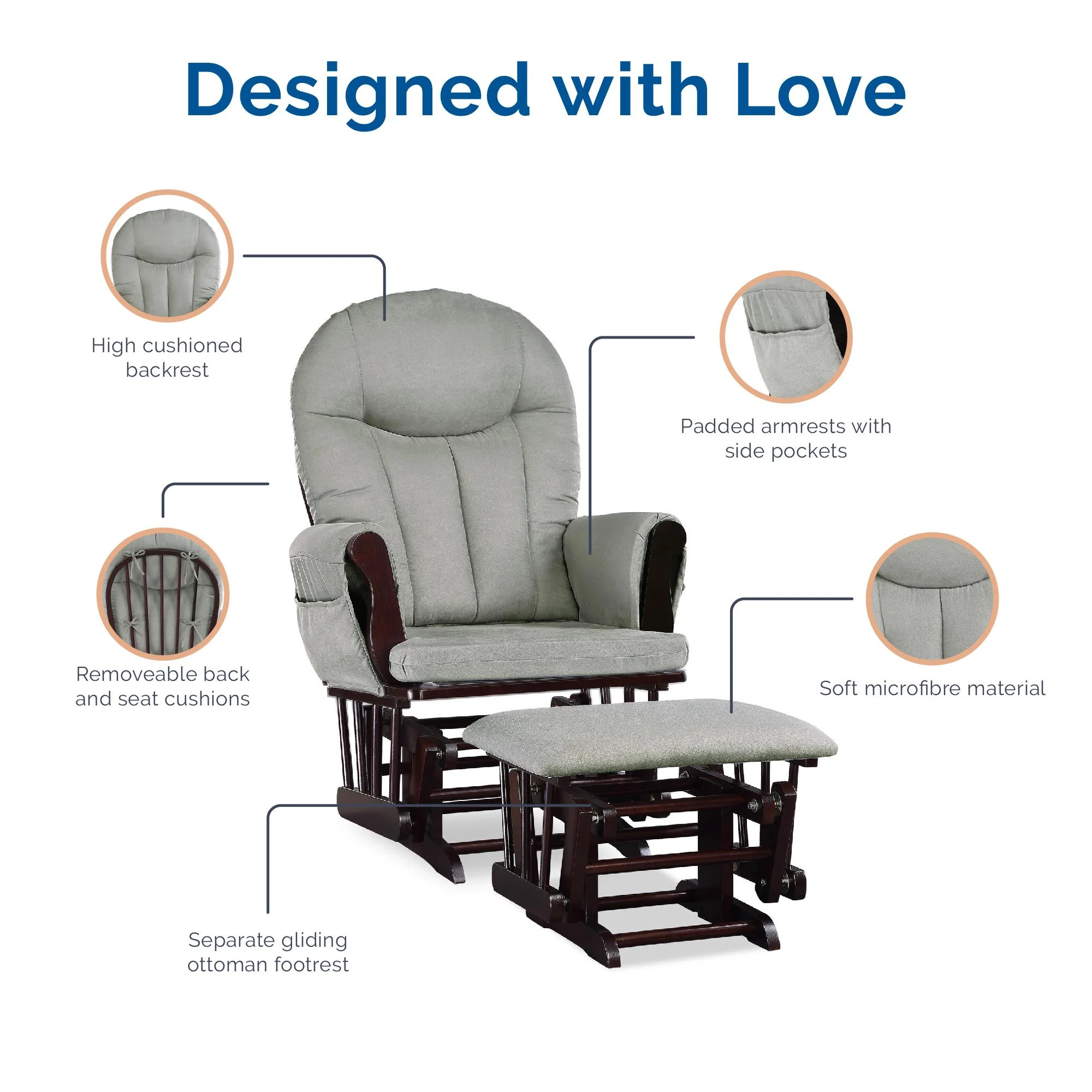 Baby Relax Huntington Glider Rocker with Storage and Ottoman, Espresso Finish with Gray Cushions