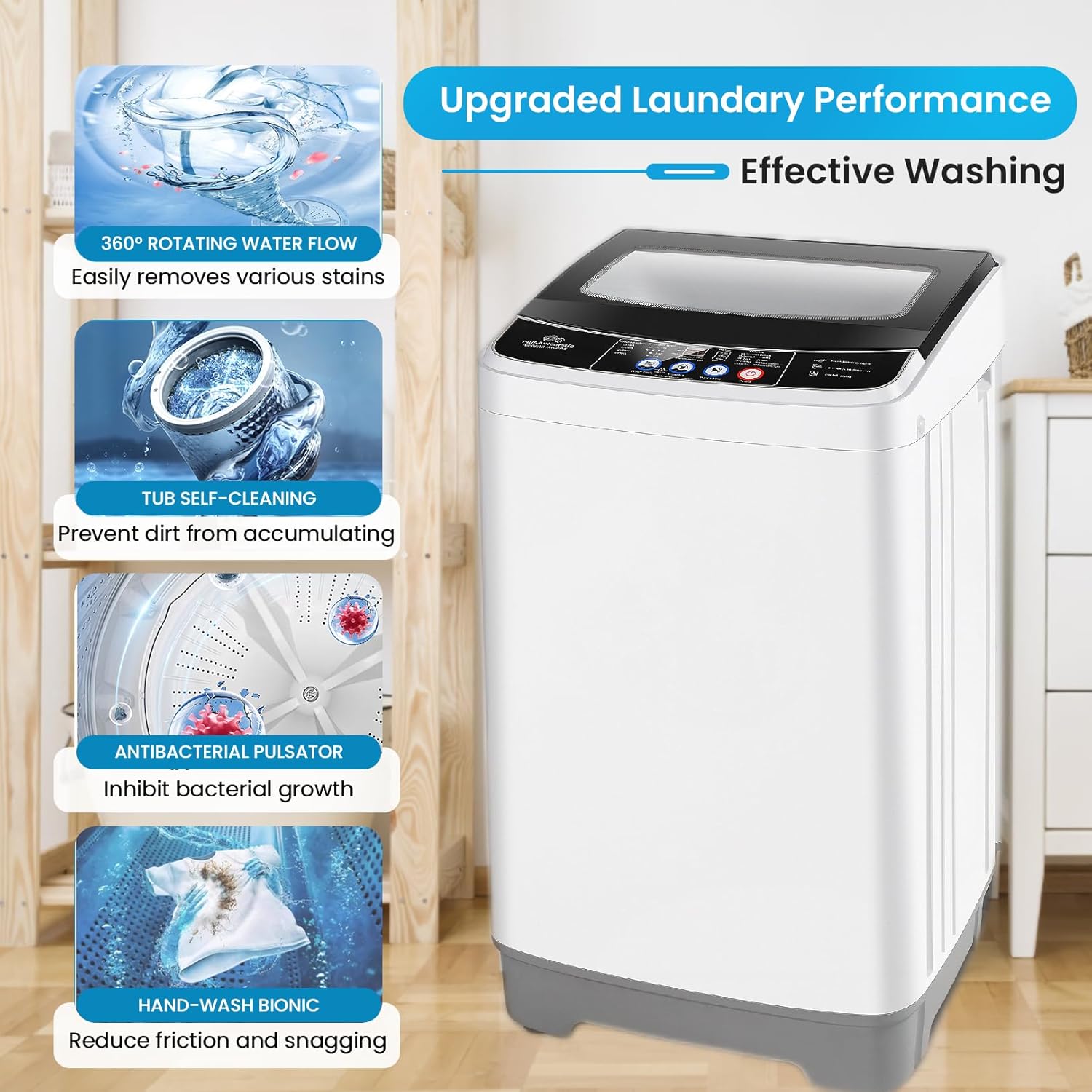 Nictemaw Portable Washing Machine 17.8 Lbs Capacity Portable Washer with Drain Pump, 2.4 Cu.ft Compact Laundry Washer with Glass Top Lid