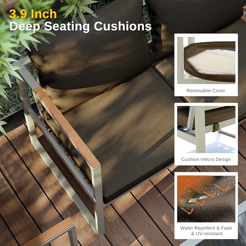 EAST OAK Courtyard Patio Furniture Set, 4-Piece Outdoor Patio Set with Sofa, Removable & Washable Deep Seating Cushion, Tempered Glass Table
