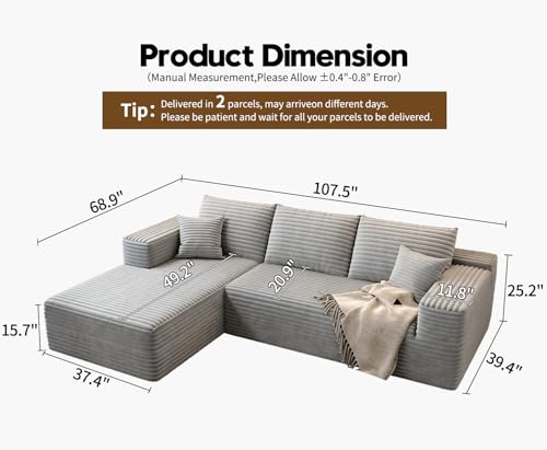 107.5" Cloud Modular Sectional Sofa with 1 Ottoman,Modern Minimalist Upholstered Couches, Comfort U Shaped Sofa for Living Room