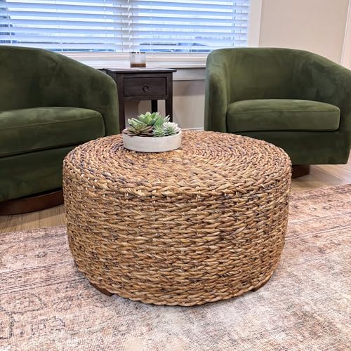East at Main Abella Round Woven Rattan Coffee Table, Coastal Boho Coffee Table with Natural Finish