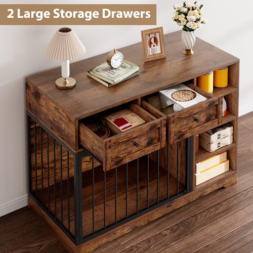IDEALHOUSE 47” Large Dog Crate, Dog Kennel Indoor with 2 Drawers and 4 Shelves, Dog Crate Furniture TV Stand, Wooden Dog Cage for Medium Large Dogs