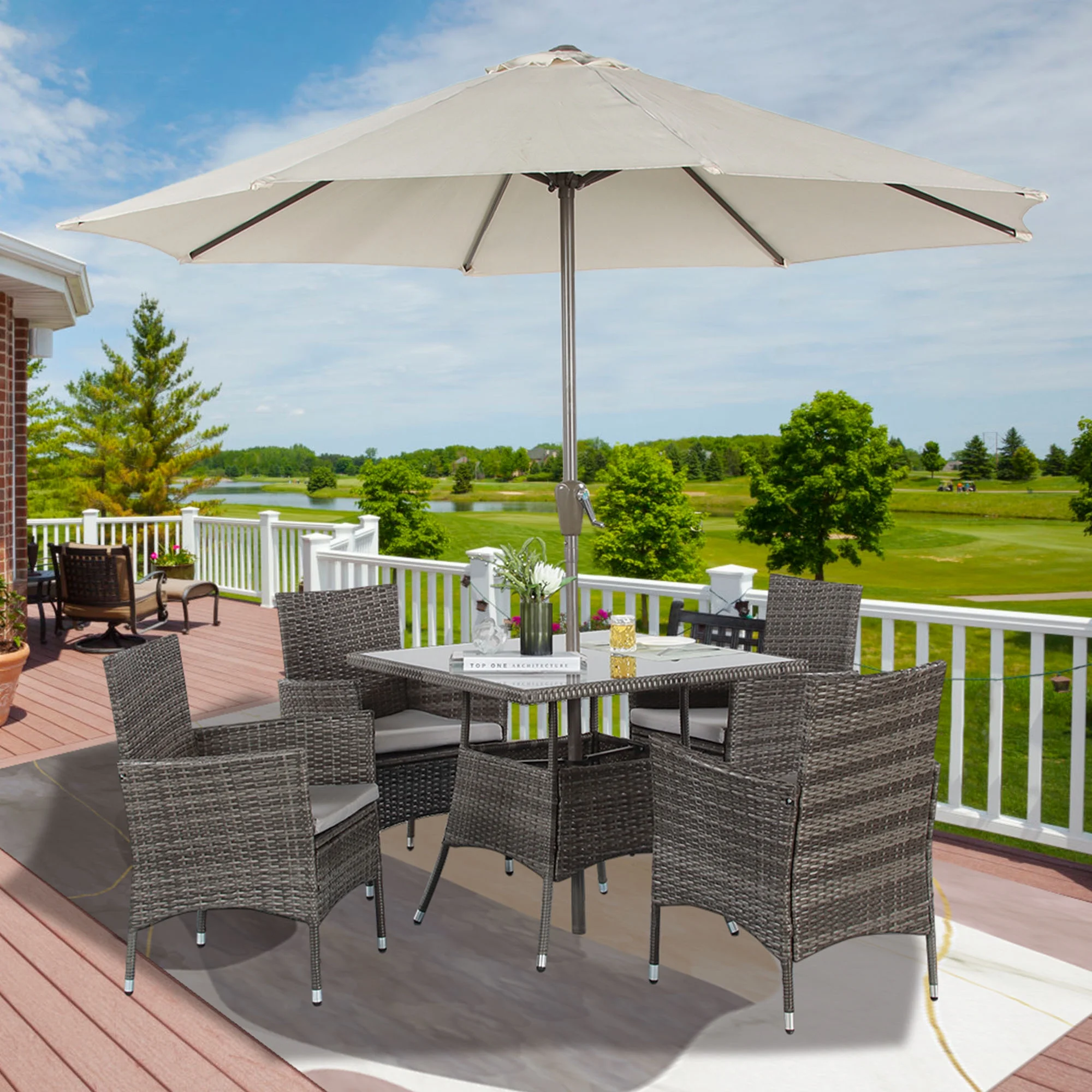 CozyHom 5 Pcs Outdoor Patio Wicker Furniture Dining Table Sets, Sectional Conversation Glass Dining Table Chairs Set for 4 with Umbrella Hole, Grey
