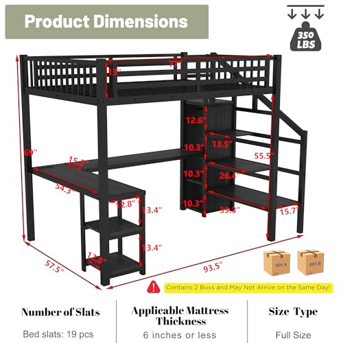 Queen Loft Bed with L-Shaped Desk and Stairs,Metal Queen Size LoftBed with Wardrobe and Adjustable Shelf, Gaming Bed with LED and USB
