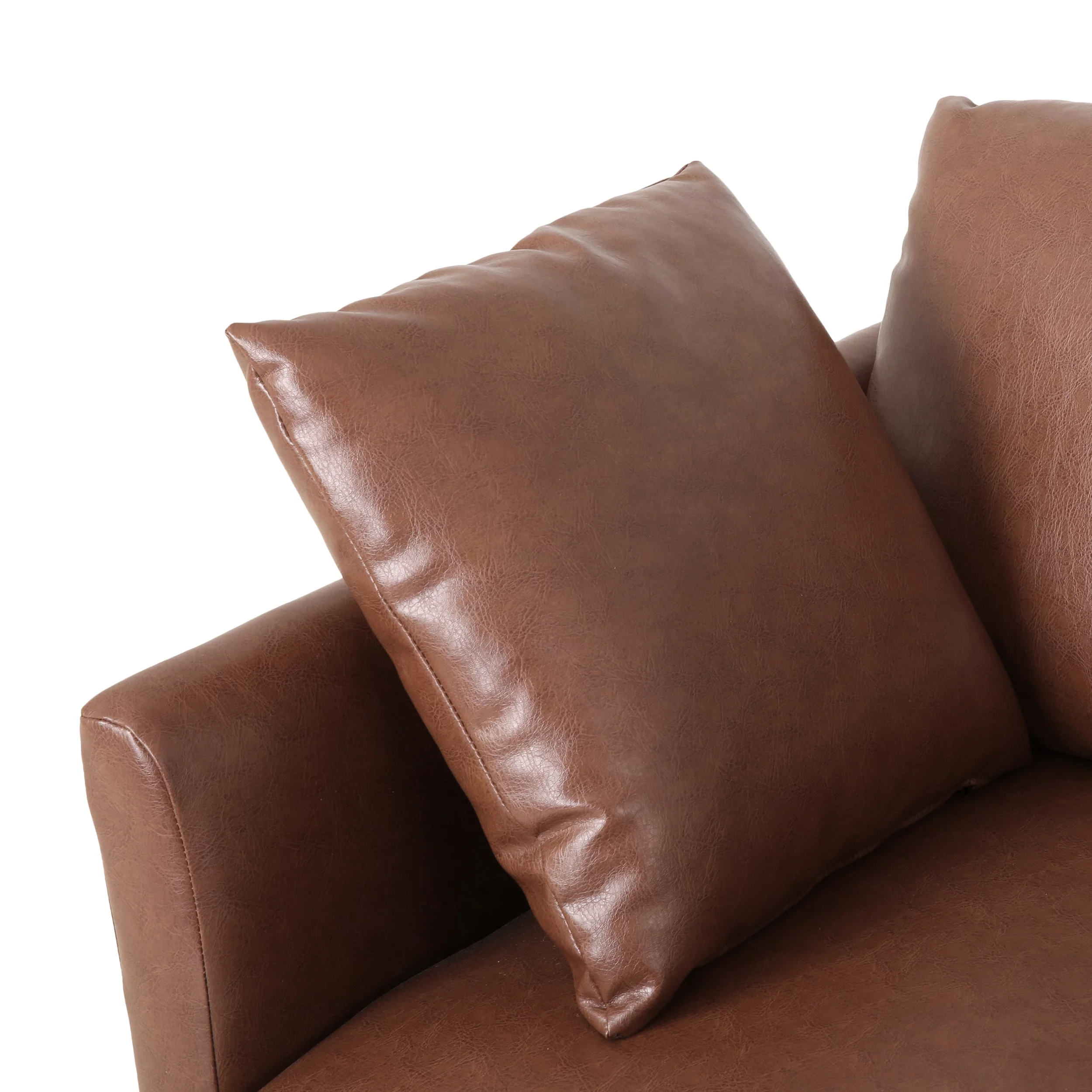 Noble House Eliphaz Faux Leather 3 Seater Sofa with Pillows, Cognac Brown