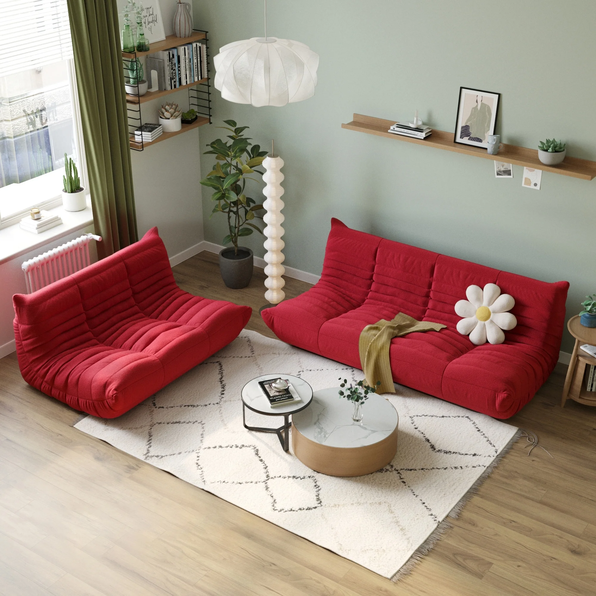 Sponge Lazy Sofa Set Teddy Fabric Couches Red