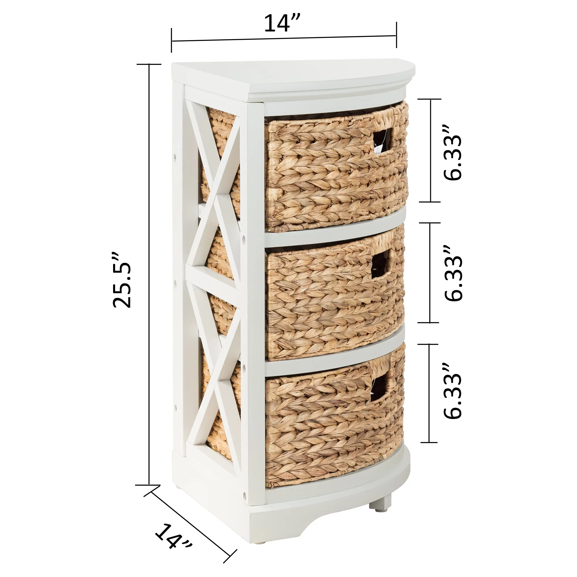 Hampton Meadows 3 Tier X-Side Corner Table Storage Cabinet with 3 Natural Water Hyacinth Wicker Baskets for Living Room, White