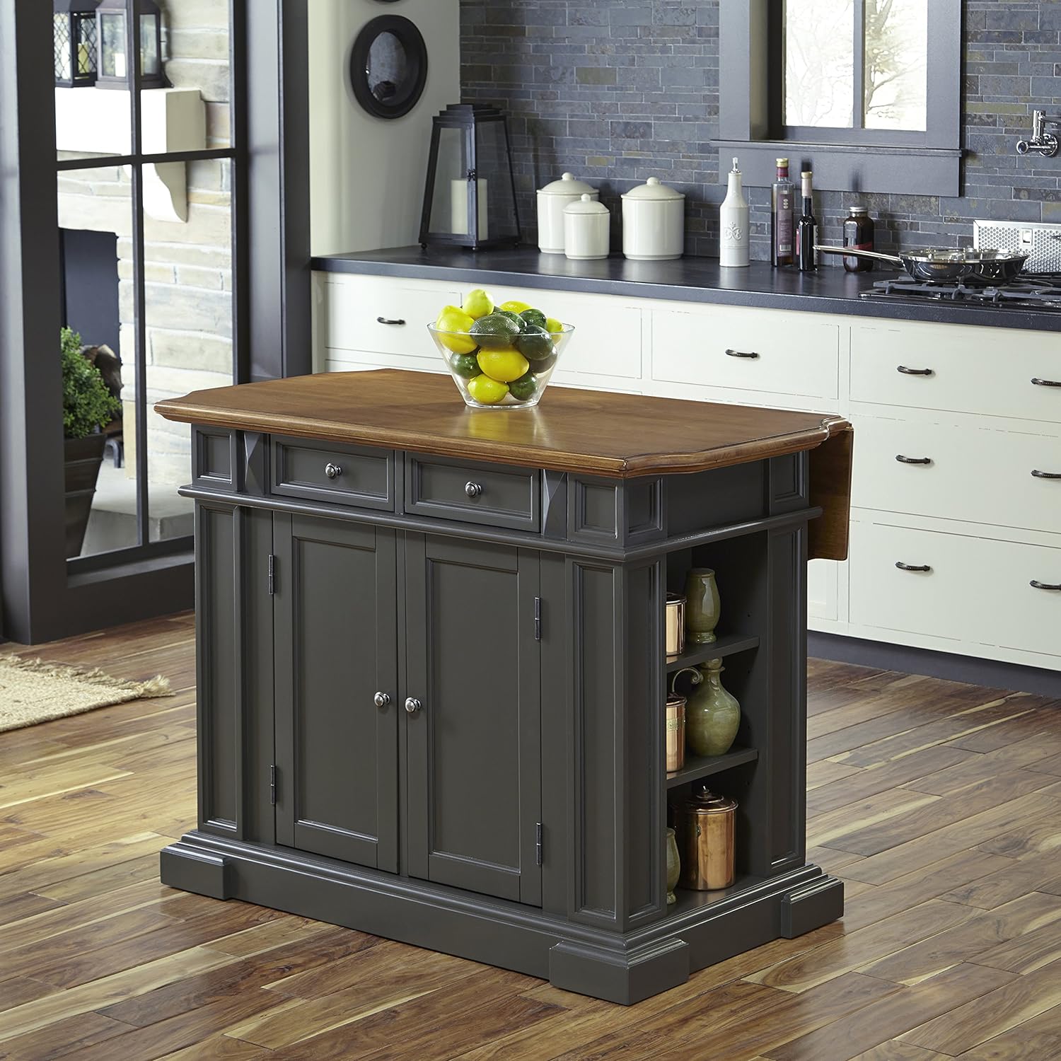 homestyles Americana Kitchen Island with Wood Top and Drop Leaf Breakfast Bar, Storage with Drawers and Adjustable Shelves, 50 Inch Width